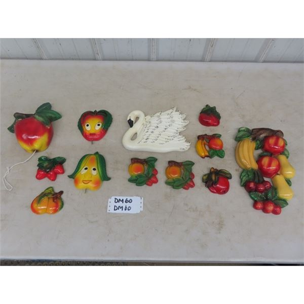 Assorted Chalkware Wall Hangers ; Fruit, Swan, Apple String Holder, 2 