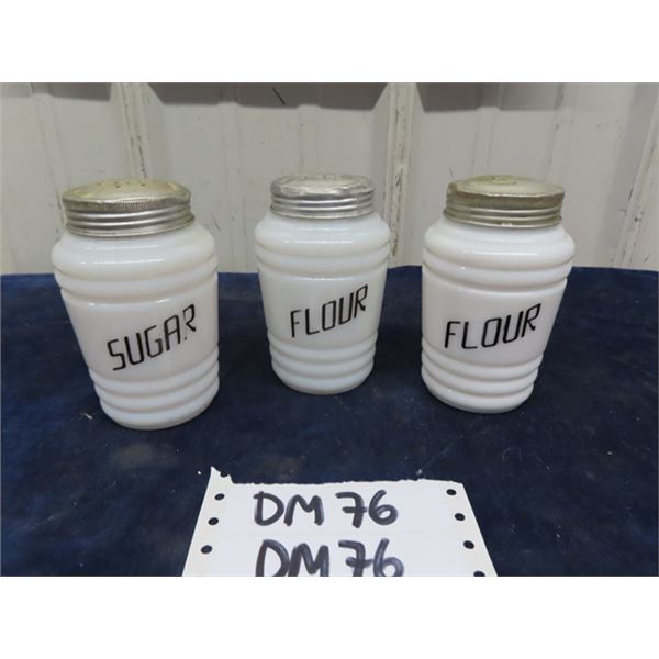 3 Vintage Milk Glass Canisters ; 2 Flour + 1 Sugar