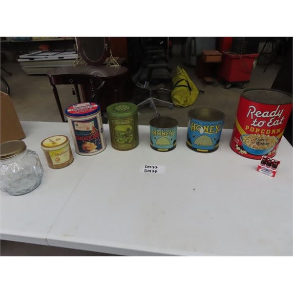 Assorted Tins ; 2 Gal Popcorn, 2 Honey Tins, Tobacco, 2 Modern Tins, Glass Jar