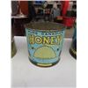 Image 4 : Assorted Tins ; 2 Gal Popcorn, 2 Honey Tins, Tobacco, 2 Modern Tins, Glass Jar