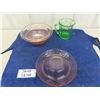 Image 1 : Green Uranium Glass?? Pitcher, Pink Rose depression Glass Bowl + Tray