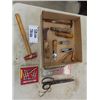 Image 1 : Box with Assorted Leather Working Tools ; Hammers, Scissors, Punches