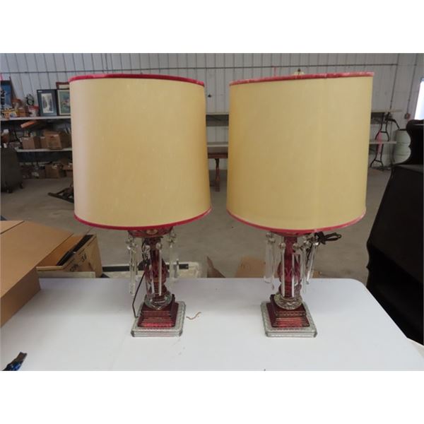 2 Glass Base Table Lamps with Shades 30" Tall with Hanging Glass Jewels