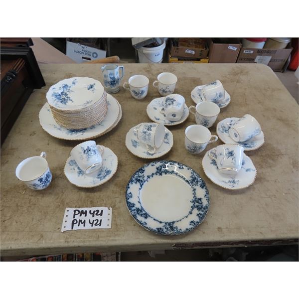 Assorted Bone China Cups + Saucers, Dessert Plates, Creamer, Dinner Plates 