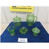 Image 1 : 5pcs Green Depression Glass; Pitcher, Cavered Jar, Juicer, Covered Sugar? 