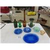 Image 1 : Assorted Colored Glass Items; 3 Blue Plates, Amber Creamer, Green Vase, 