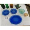 Image 2 : Assorted Colored Glass Items; 3 Blue Plates, Amber Creamer, Green Vase, 