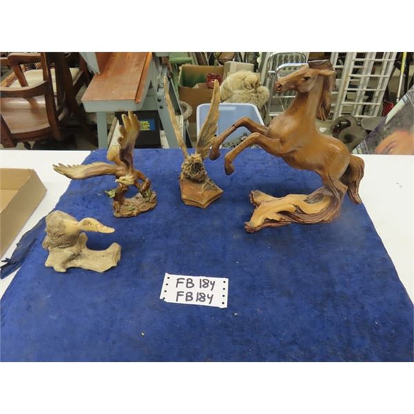 4 Carved Wooden Animals ; Horse, (2) Eagles, Duck