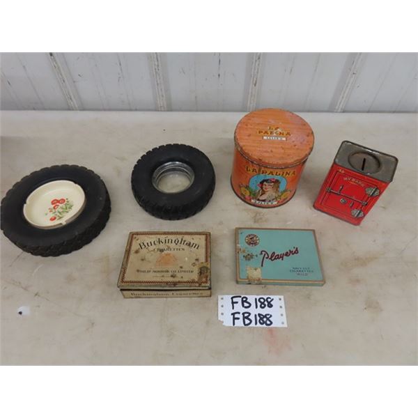 2 Tire Ashtrays - 1 is Firestone, Player's + Buckingham Cigarette Tins, 