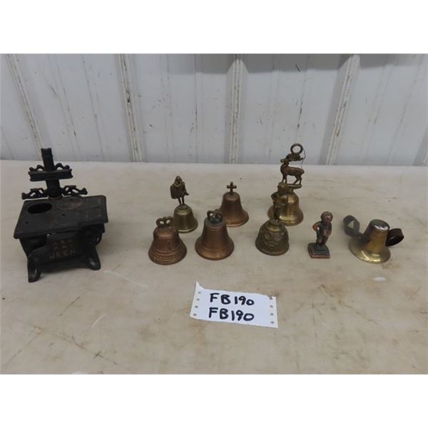 Assorted Brass Bells, Small Cast Iron Wood Stove, Brass Figure of Boy Peeing