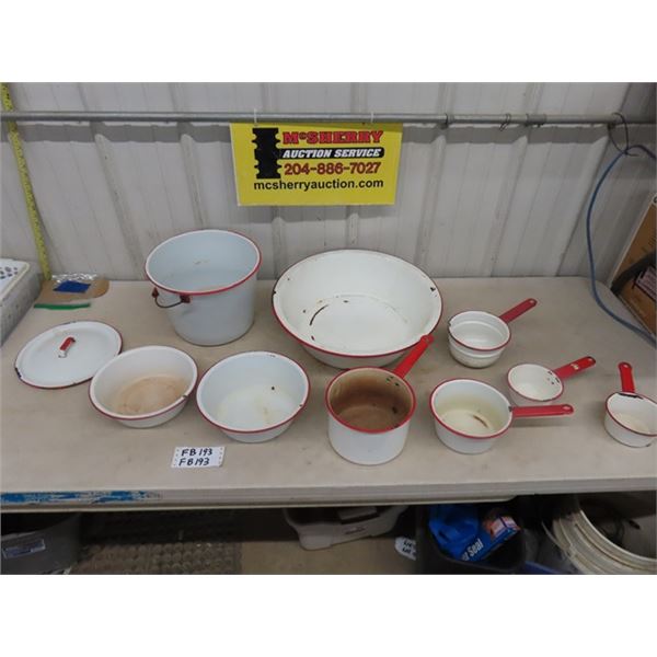 Assorted White Enamel Pots + Bowls with Red Trim - 10 Pcs Total