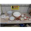 Image 1 : Assorted White Enamel Pots + Bowls with Red Trim - 10 Pcs Total