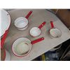 Image 3 : Assorted White Enamel Pots + Bowls with Red Trim - 10 Pcs Total