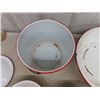 Image 6 : Assorted White Enamel Pots + Bowls with Red Trim - 10 Pcs Total