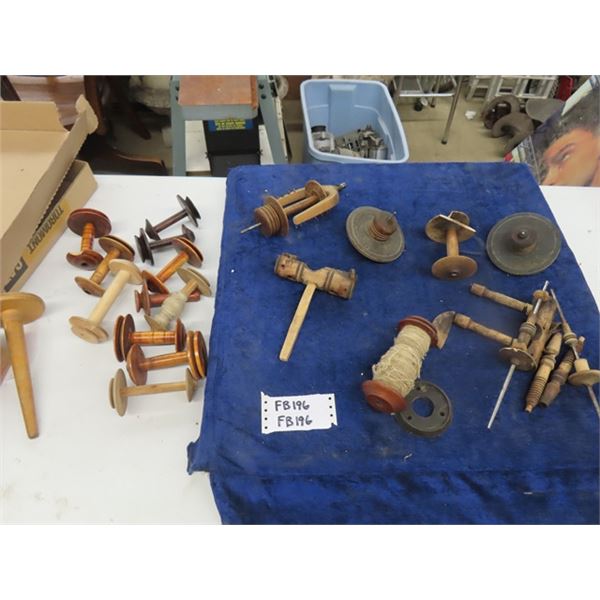 Assorted Wooden Thread Spools + Misc. Spinning Wheel Parts