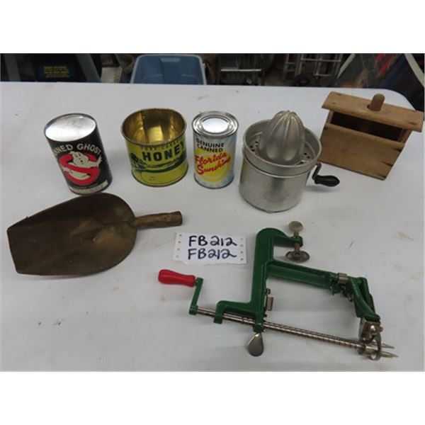 Wooden Butter Press, Aluminum Hand Crank Juicer, Honey Tin, Apple Peeler, 