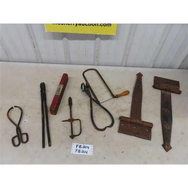 Large Set of Barn Hinges, Tongs, Coping Saw, Wooden Level, plus more