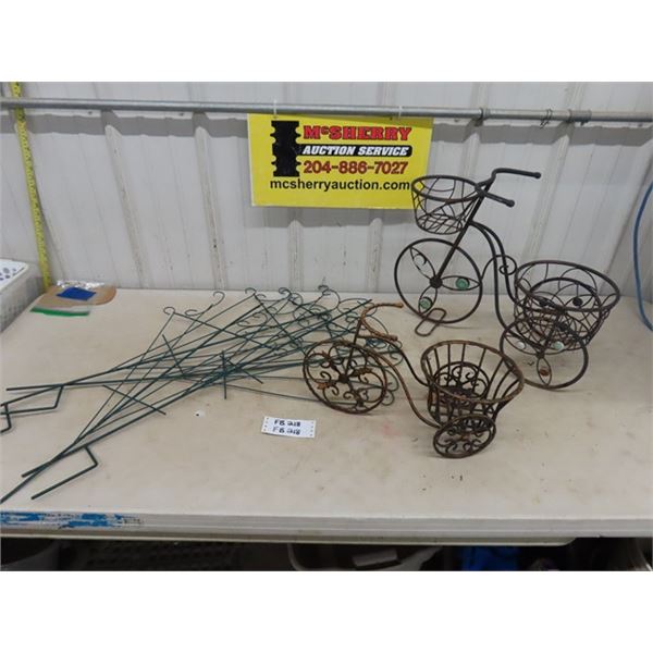 2 Bicycle Planters, Assorted Metal Plant Trellis