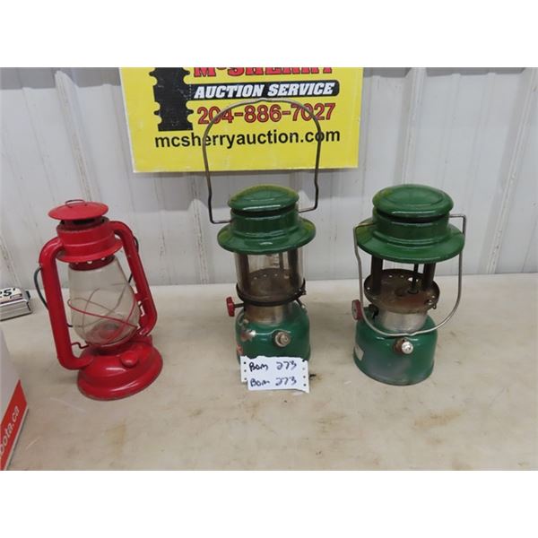 2 Coleman Model 335 Lanterns - 1 with No Glass & Barn Lantern