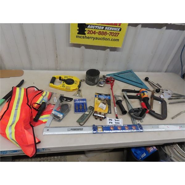 New Aluminum Level, Clamps, Tape Measure, Paint Mixer, Burner Torch, plus more