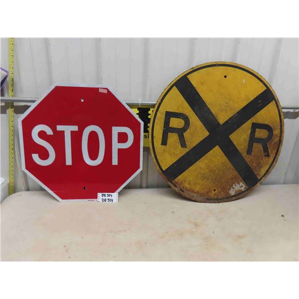 Metal Stop Sign + Heavy Steel Rail Road Crossing Sign 30" Wide