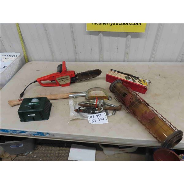 Rem 8 Electric Chain saw, Bird Feeder, Gate Hinges, Brush Knife, plus more