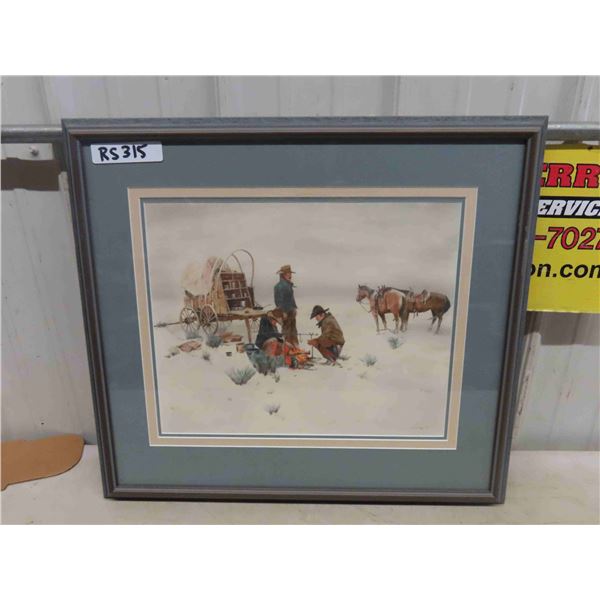 Framed Print - Beverley - Cowboys at Campfire with Wagon 21  x 23.5  