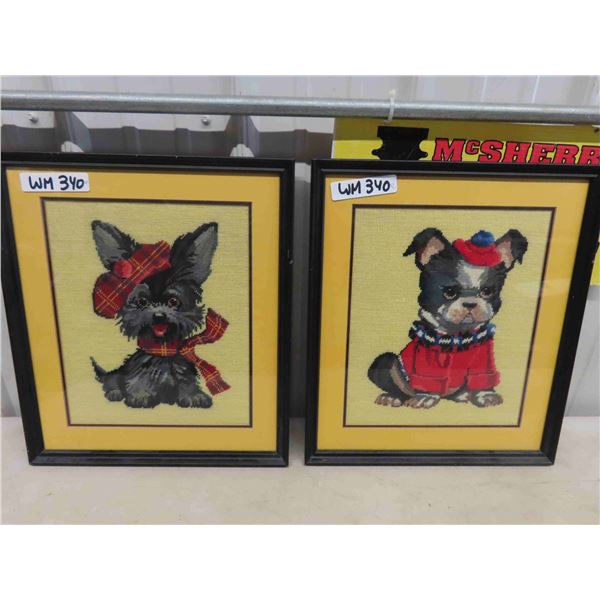 2 Needle Point Dog Framed Pictures 16" x 18" 