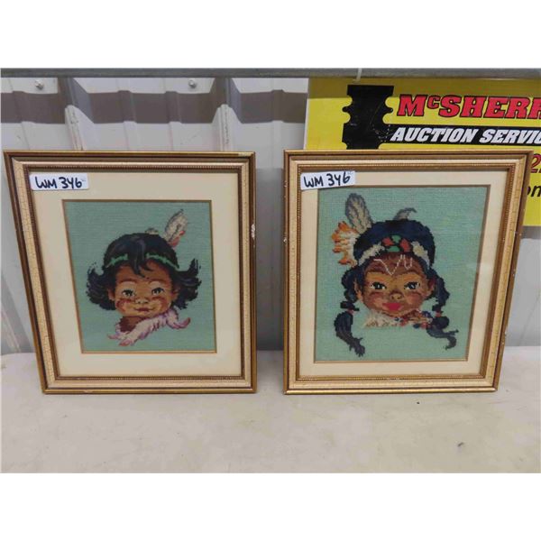 2 Vintage Needlepoint Framed Pictures - Young Indigenous Girls 15" x 16.5"