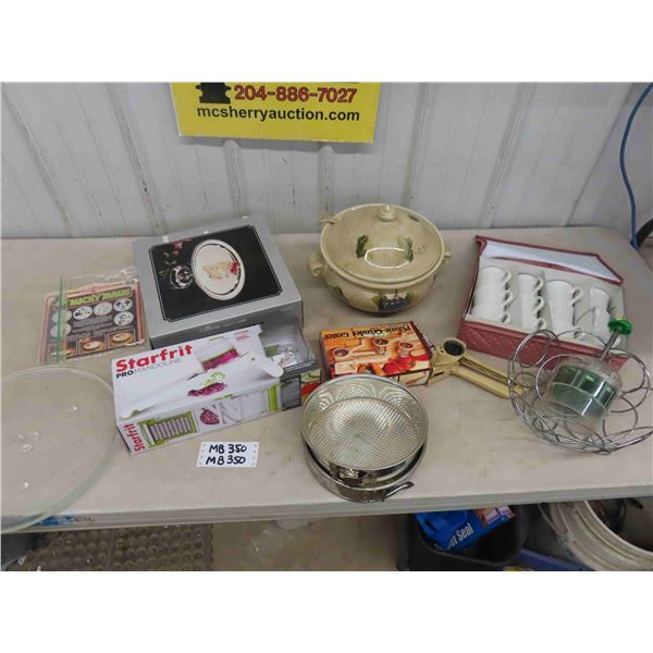 Assorted Kitchen Items; Cake Stand, Coffee Cups, Soup/ Punch Tureen, Grinder, 