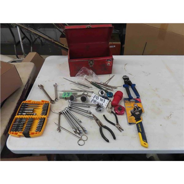 Small Red Tool Box, DeWalt Bit Kit, Wrenches, Pliers, Pick Tools, plus more