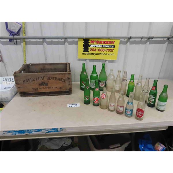 Assorted Pop Bottles with Wooden Maple Leaf Beverages Crate ; Stubby,