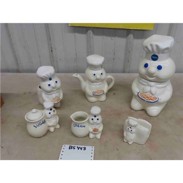 Pilsbury Dough Boy Cookie Jar, Tea Pot, Cream + Sugar, Napkin Holder - Ceramic