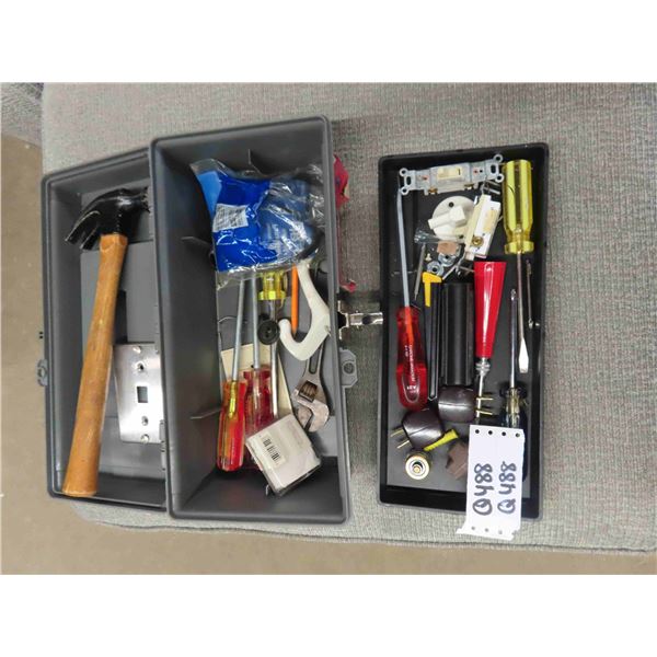 Plastic Tool Box with Screwdrivers, Hammer, Crescent Wrench, Electric Parts