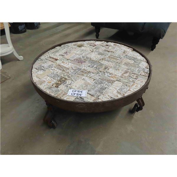 Brick Top Circular Coffee Table on Wheels 13  x 25  - Industrial Look with Glass Top