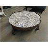 Image 1 : Brick Top Circular Coffee Table on Wheels 13" x 25" - Industrial Look with Glass Top
