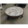 Image 1 : Brick Top Circular Coffee Table on Wheels 13" x 25" - Industrial Look with Glass Top