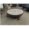 Image 4 : Brick Top Circular Coffee Table on Wheels 13" x 25" - Industrial Look with Glass Top