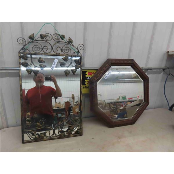 2 Mirrors ; 1 Wrouhgt Iron Design 18" x 32" + 1 Wooden Oak? Framed 25.5" Wide