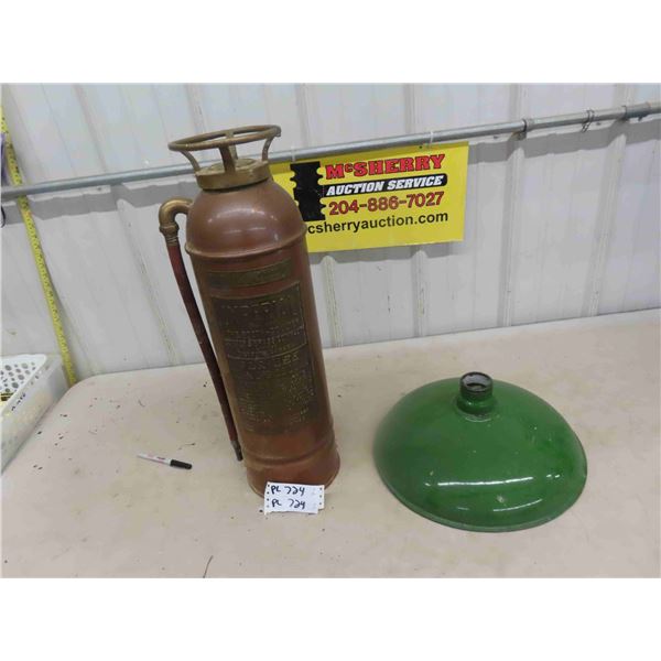 Vintage Imperial Copper Fire Extinguisher with Brass Tag & Porcelain Light Shade 16  Wide