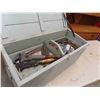 Image 8 : Large vintage antique wooden tool box with assortment of tools old and new. 