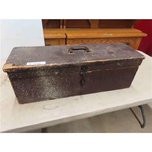 Vintage antique wooden tool box with assortment of tools old and new. 10" x 10" x 31" 