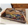 Image 4 : Vintage antique wooden tool box with assortment of tools old and new. 10" x 10" x 31" 