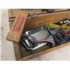 Image 7 : Vintage antique wooden tool box with assortment of tools old and new. 10" x 10" x 31" 