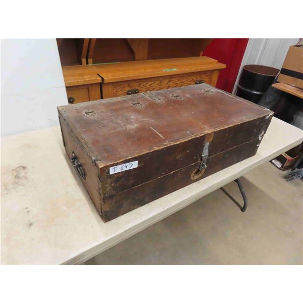 Vintage antique wooden tool box with assortment of tools old and new. 9" x 17" x 32" 