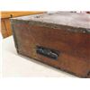Image 2 : Vintage antique wooden tool box with assortment of tools old and new. 9" x 17" x 32" 