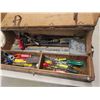 Image 4 : Vintage antique wooden tool box with assortment of tools old and new. 9" x 17" x 32" 