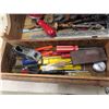 Image 7 : Vintage antique wooden tool box with assortment of tools old and new. 9" x 17" x 32" 