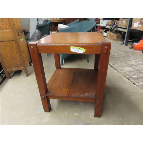 Large Vintage Antique Oak End Table  24” x 30”  with lower shelf. Some cracks do 