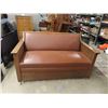 Image 1 : Vintage Antique Oak Settle.  It pulls out to a bed- refinished and new leather like upholstery